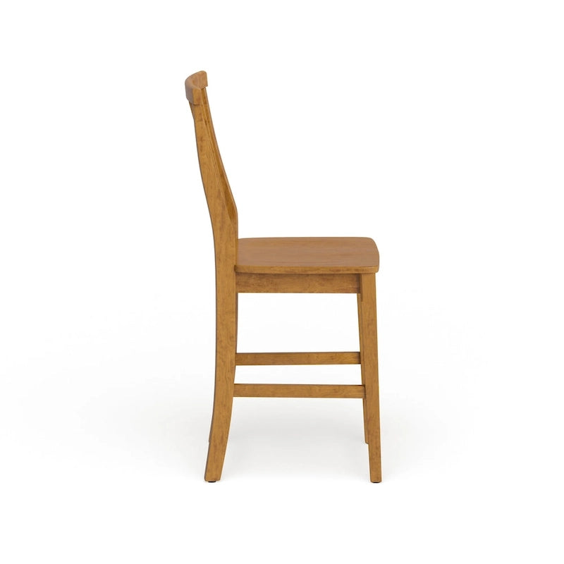 Tabouret de comptoir en bois dur finition chêne avec dossier à lattes style vintage vieilli