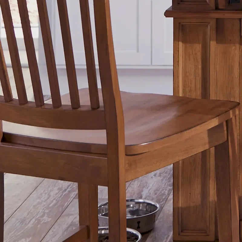 Tabouret de comptoir en bois dur finition chêne avec dossier à lattes style vintage vieilli