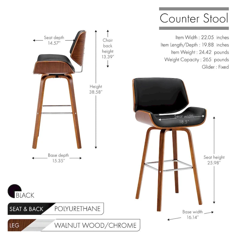 Tabouret de comptoir pivotant en cuir PU, pieds en bois de noyer, blanc