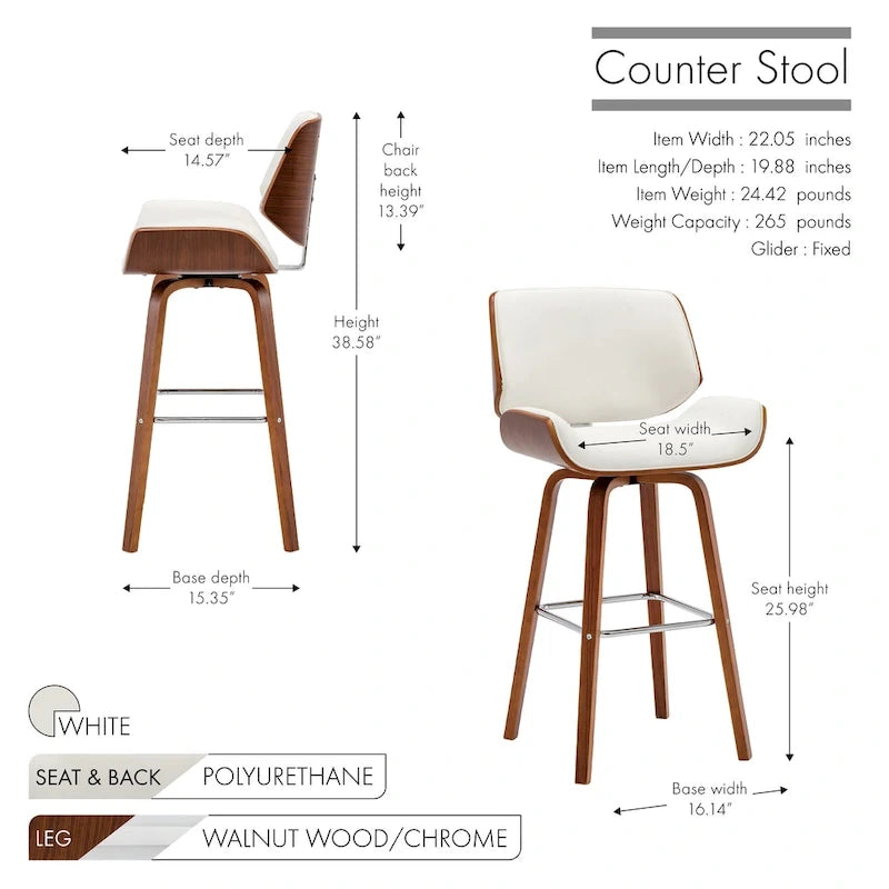 Tabouret de comptoir pivotant en cuir PU, pieds en bois de noyer, blanc