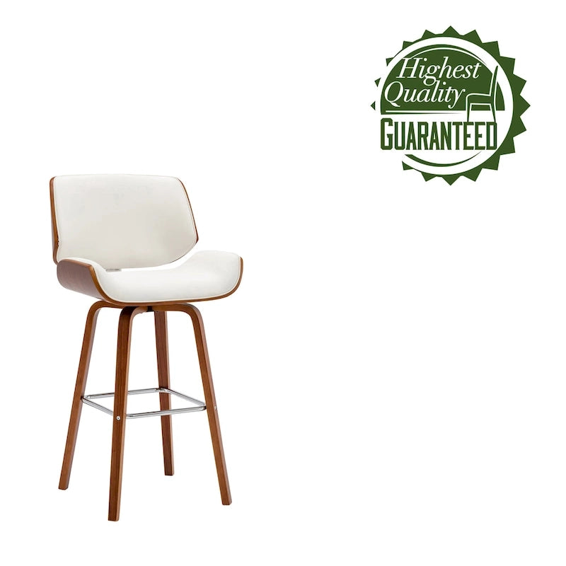Tabouret de comptoir pivotant en cuir PU, pieds en bois de noyer, blanc