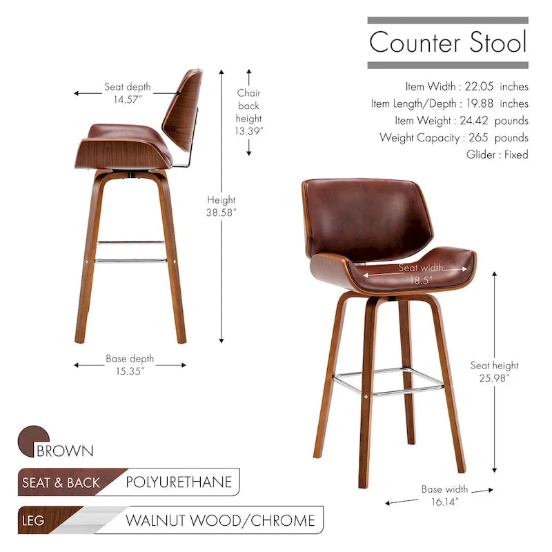 Tabouret de comptoir pivotant en cuir PU, pieds en bois de noyer, blanc