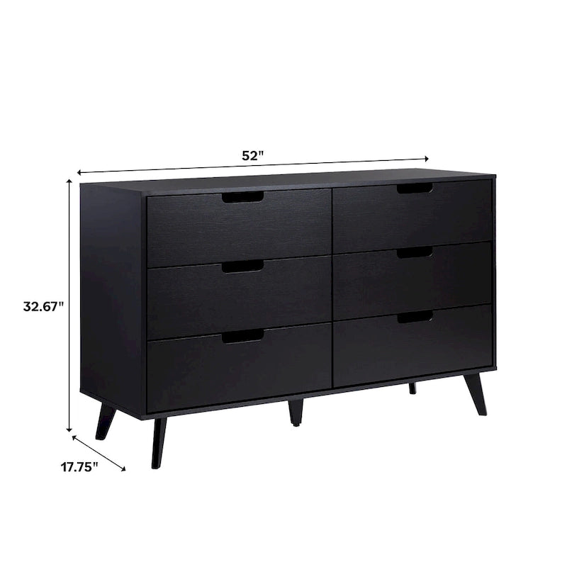Commode moderne en bois à 6 tiroirs avec pieds inclinés et poignées découpées