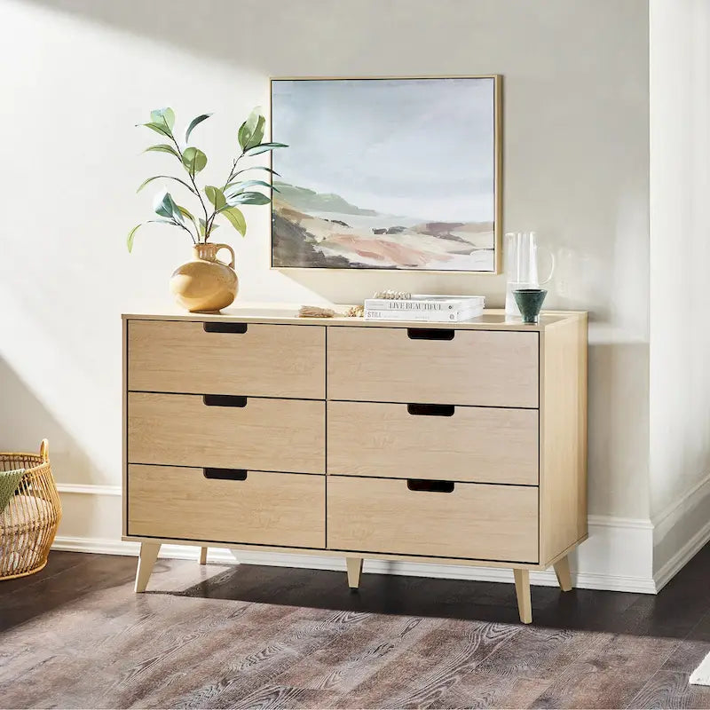 Commode moderne en bois à 6 tiroirs avec pieds inclinés et poignées découpées