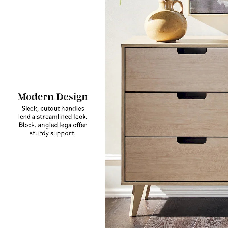 Commode moderne en bois à 6 tiroirs avec pieds inclinés et poignées découpées