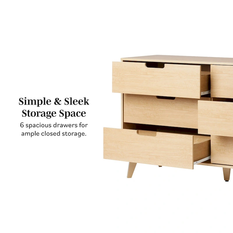 Commode moderne en bois à 6 tiroirs avec pieds inclinés et poignées découpées