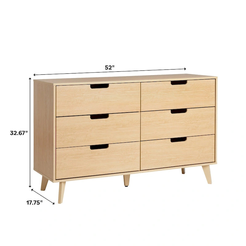 Commode moderne en bois à 6 tiroirs avec pieds inclinés et poignées découpées