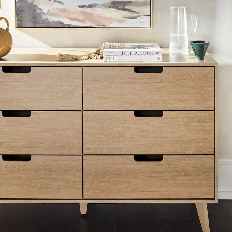 Commode moderne en bois à 6 tiroirs avec pieds inclinés et poignées découpées