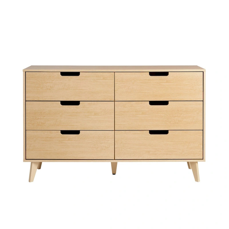 Commode moderne en bois à 6 tiroirs avec pieds inclinés et poignées découpées