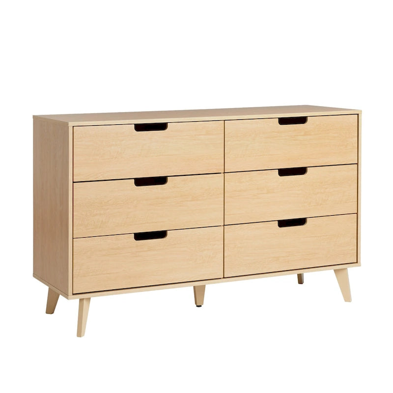 Commode moderne en bois à 6 tiroirs avec pieds inclinés et poignées découpées
