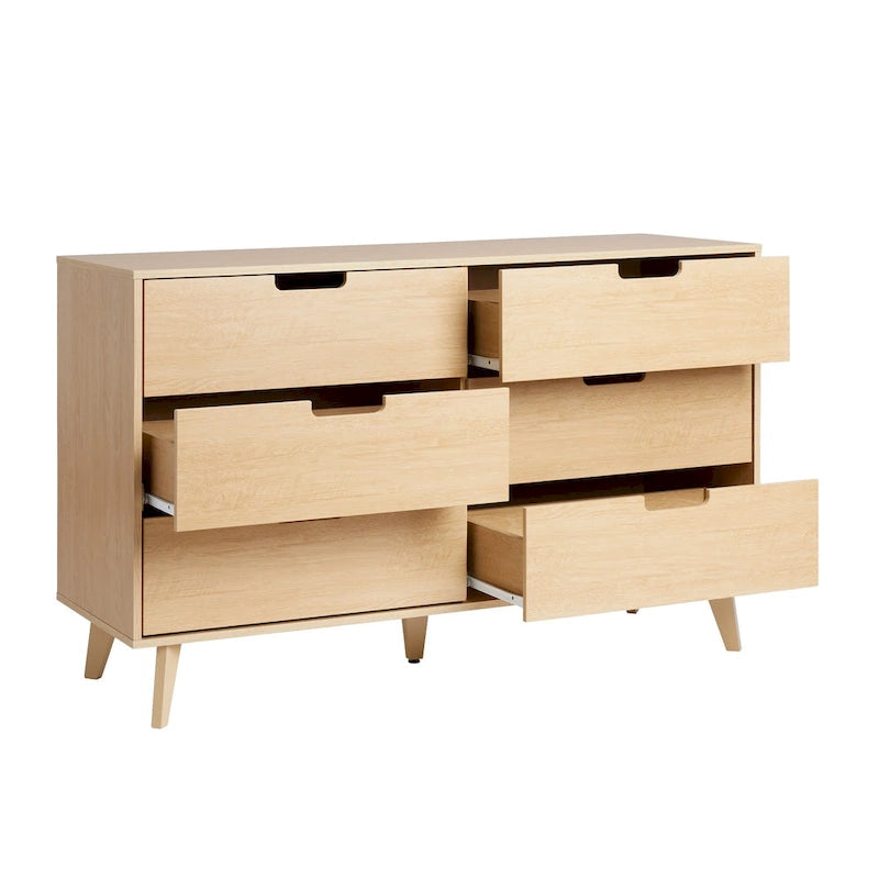 Commode moderne en bois à 6 tiroirs avec pieds inclinés et poignées découpées