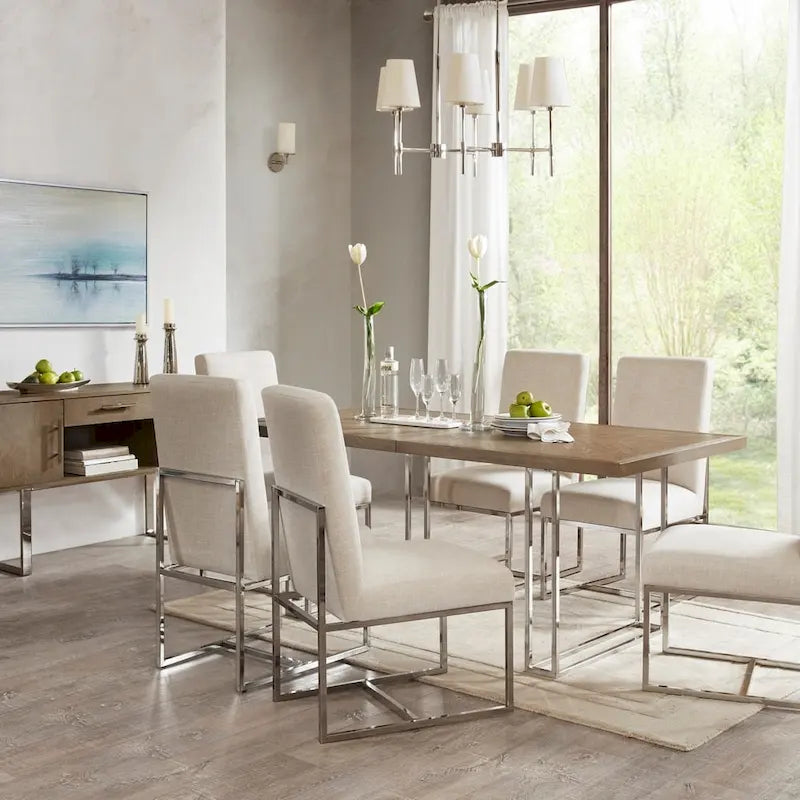 Chaise de salle à manger naturelle rembourrée avec pieds en métal nickel brossé, neutre