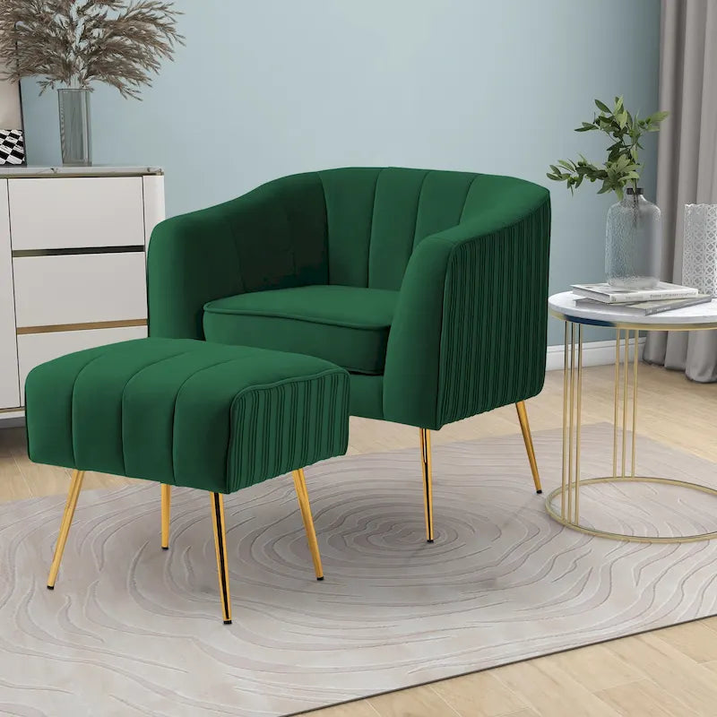 Fauteuil crapaud en velours capitonné avec pieds dorés, assise rembourrée, vert rose gris