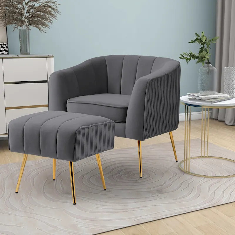 Fauteuil crapaud en velours capitonné avec pieds dorés, assise rembourrée, vert rose gris