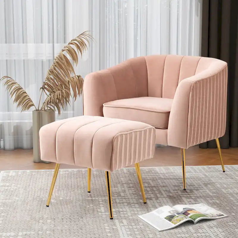 Fauteuil crapaud en velours capitonné avec pieds dorés, assise rembourrée, vert rose gris