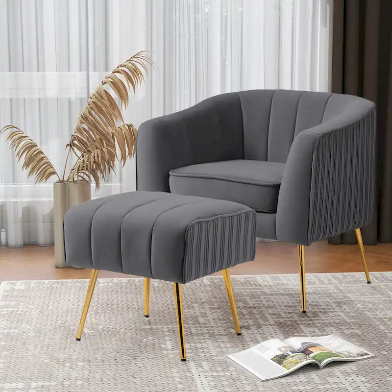 Fauteuil crapaud en velours capitonné avec pieds dorés, assise rembourrée, vert rose gris