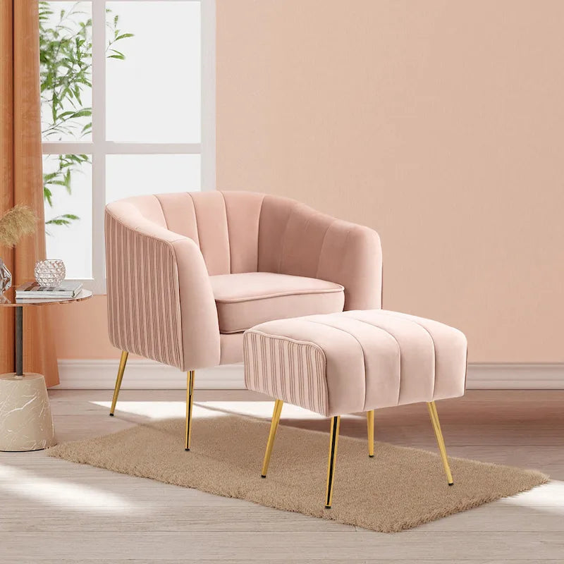 Fauteuil crapaud en velours capitonné avec pieds dorés, assise rembourrée, vert rose gris