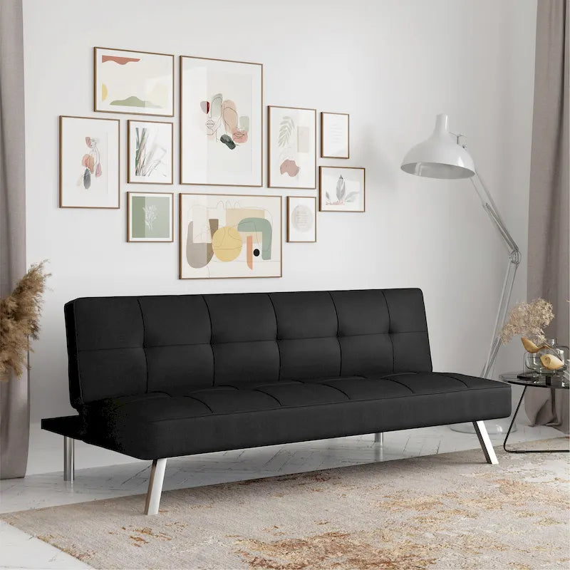 Canapé-lit convertible futon capitonné du milieu du siècle avec pieds chromés en tissu