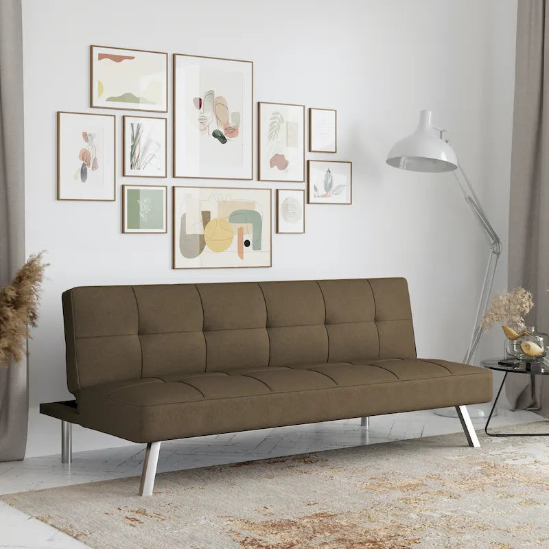 Canapé-lit convertible futon capitonné du milieu du siècle avec pieds chromés en tissu