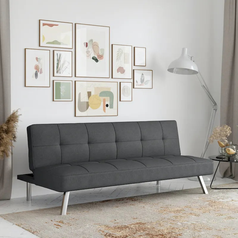 Canapé-lit convertible futon capitonné du milieu du siècle avec pieds chromés en tissu
