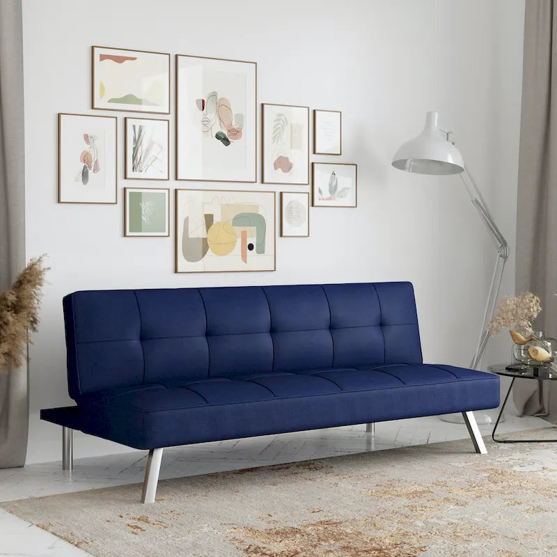 Canapé-lit convertible futon capitonné du milieu du siècle avec pieds chromés en tissu
