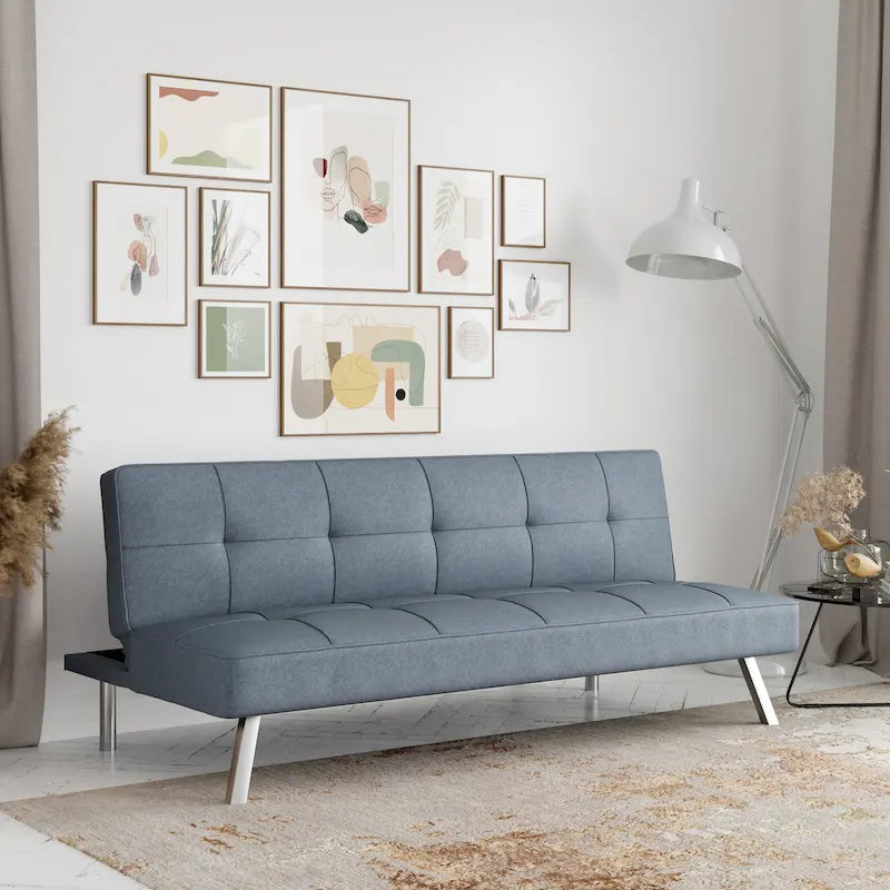 Canapé-lit convertible futon capitonné du milieu du siècle avec pieds chromés en tissu