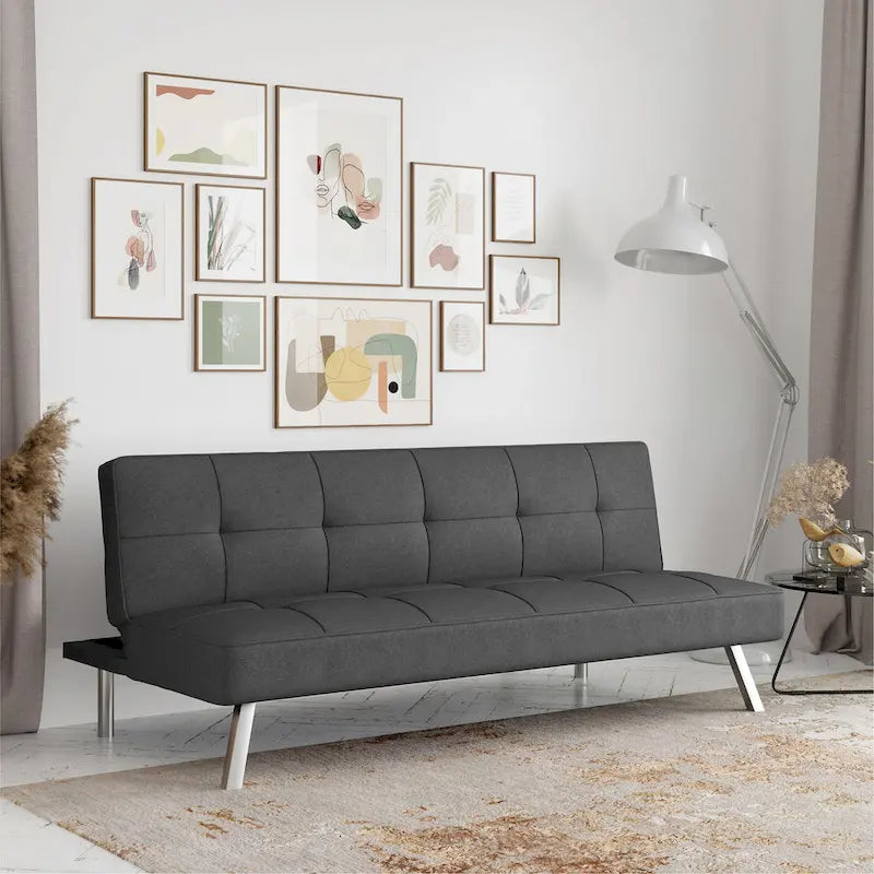 Canapé-lit convertible futon capitonné du milieu du siècle avec pieds chromés en tissu