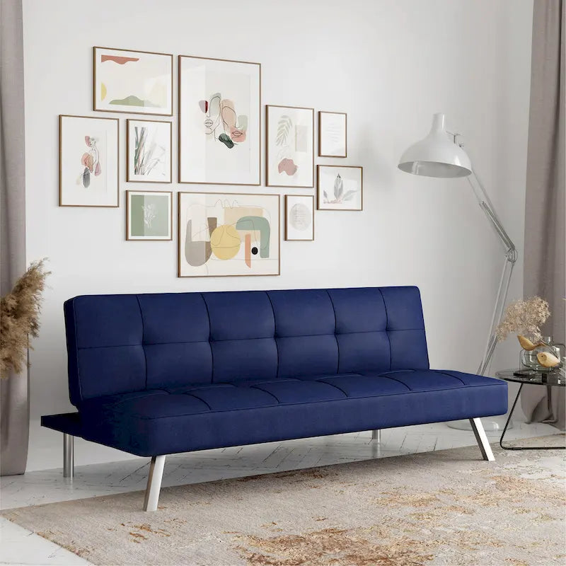 Canapé-lit convertible futon capitonné du milieu du siècle avec pieds chromés en tissu