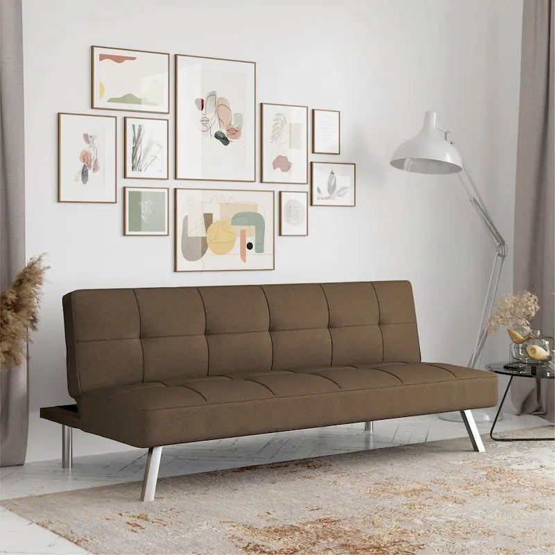 Canapé-lit convertible futon capitonné du milieu du siècle avec pieds chromés en tissu
