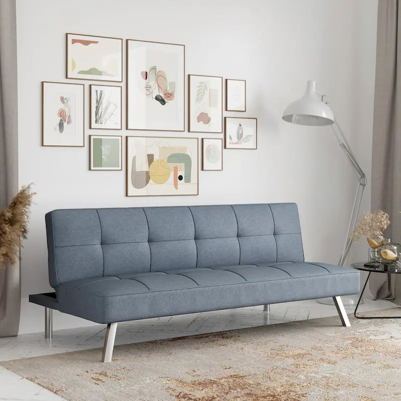 Canapé-lit convertible futon capitonné du milieu du siècle avec pieds chromés en tissu