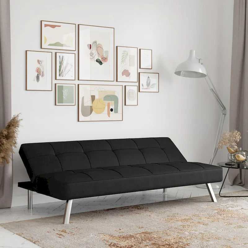 Canapé-lit convertible futon capitonné du milieu du siècle avec pieds chromés en tissu