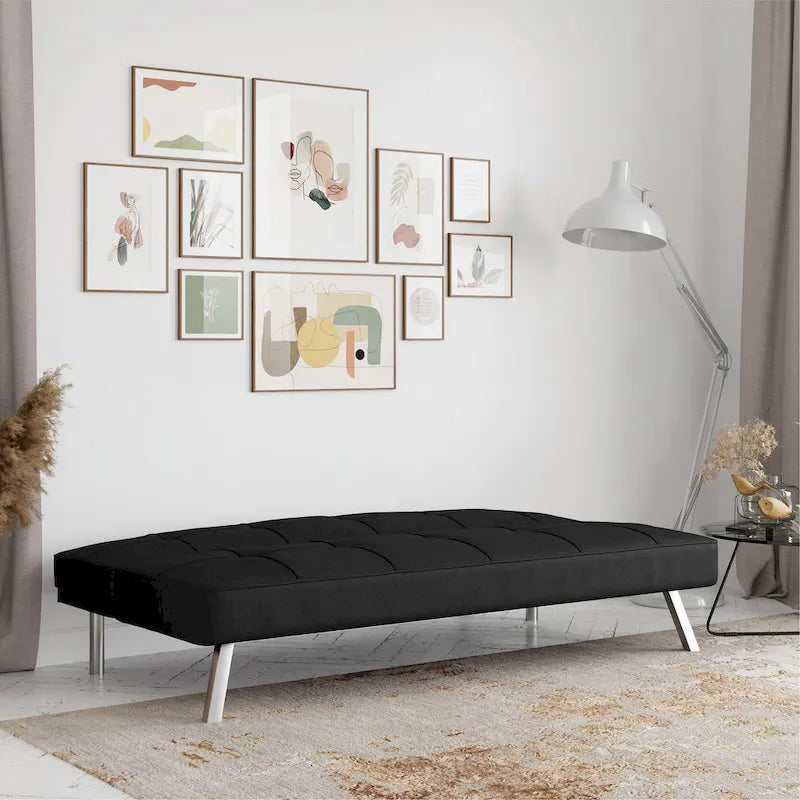Canapé-lit convertible futon capitonné du milieu du siècle avec pieds chromés en tissu