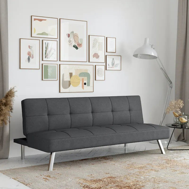 Canapé-lit convertible futon capitonné du milieu du siècle avec pieds chromés en tissu