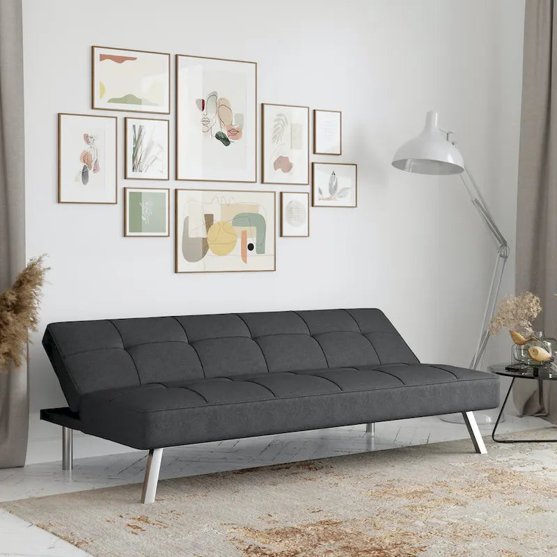 Canapé-lit convertible futon capitonné du milieu du siècle avec pieds chromés en tissu