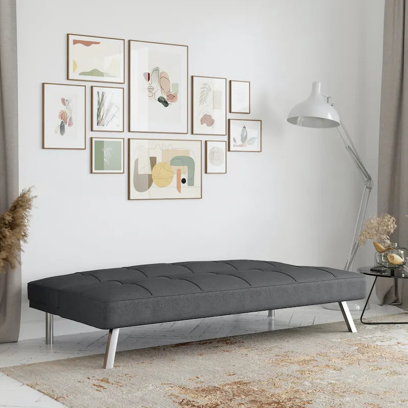 Canapé-lit convertible futon capitonné du milieu du siècle avec pieds chromés en tissu