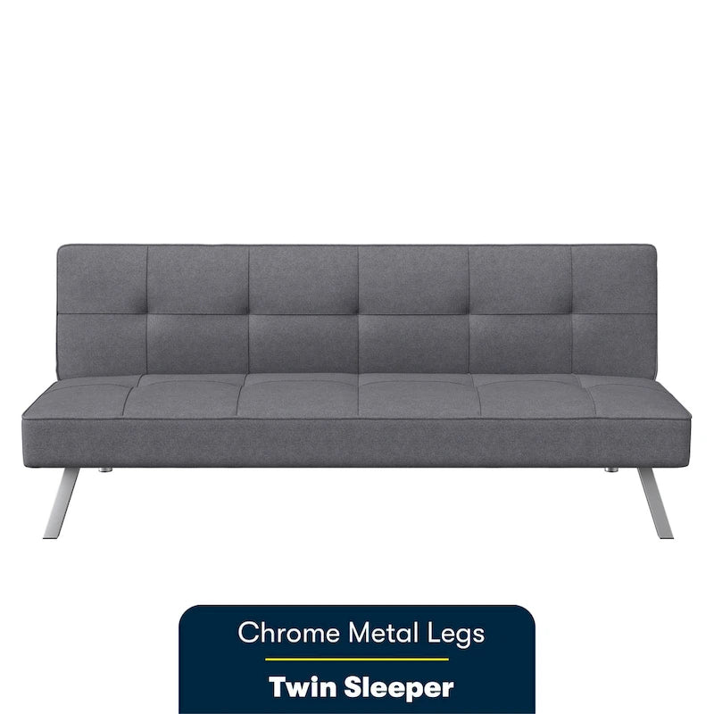 Canapé-lit convertible futon capitonné du milieu du siècle avec pieds chromés en tissu