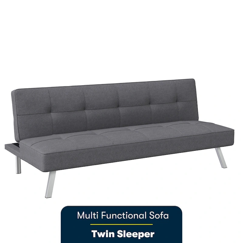 Canapé-lit convertible futon capitonné du milieu du siècle avec pieds chromés en tissu