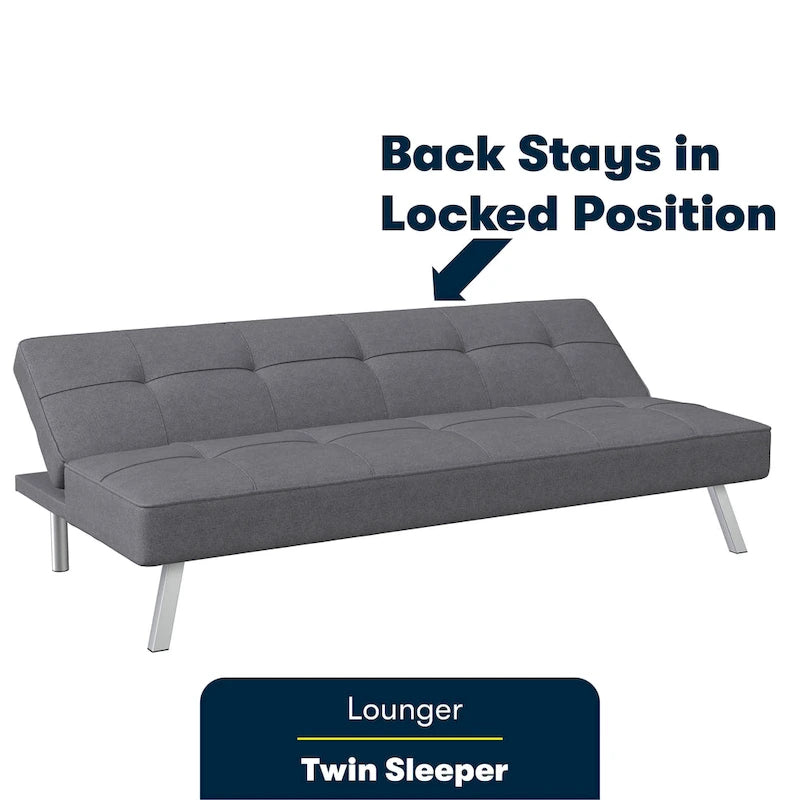 Canapé-lit convertible futon capitonné du milieu du siècle avec pieds chromés en tissu