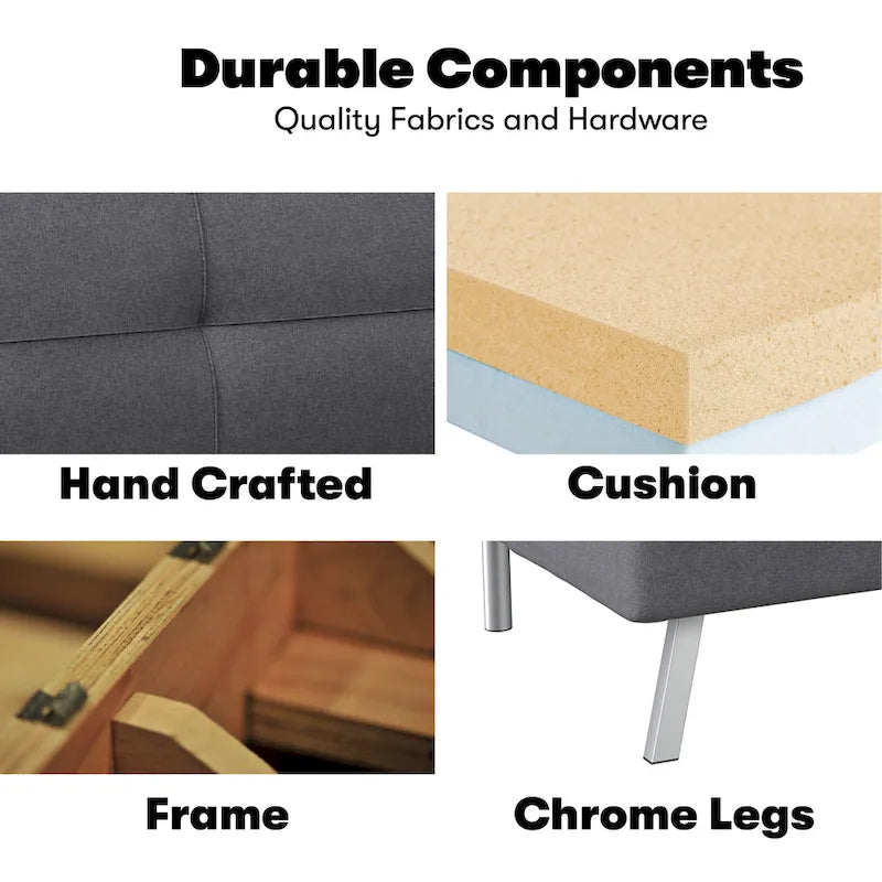 Canapé-lit convertible futon capitonné du milieu du siècle avec pieds chromés en tissu