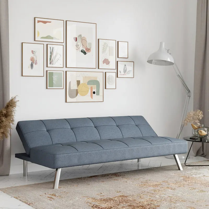 Canapé-lit convertible futon capitonné du milieu du siècle avec pieds chromés en tissu