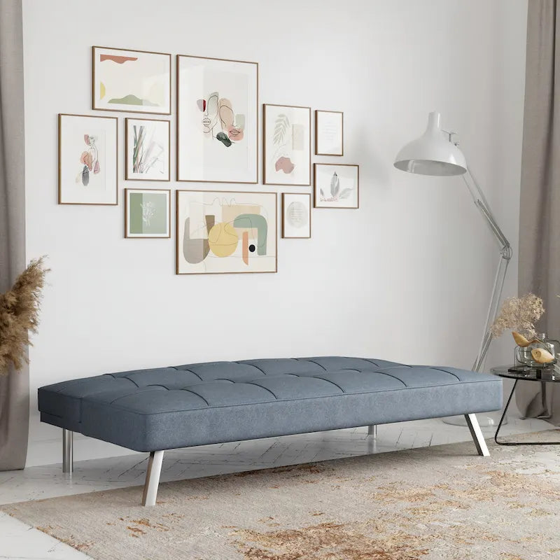 Canapé-lit convertible futon capitonné du milieu du siècle avec pieds chromés en tissu