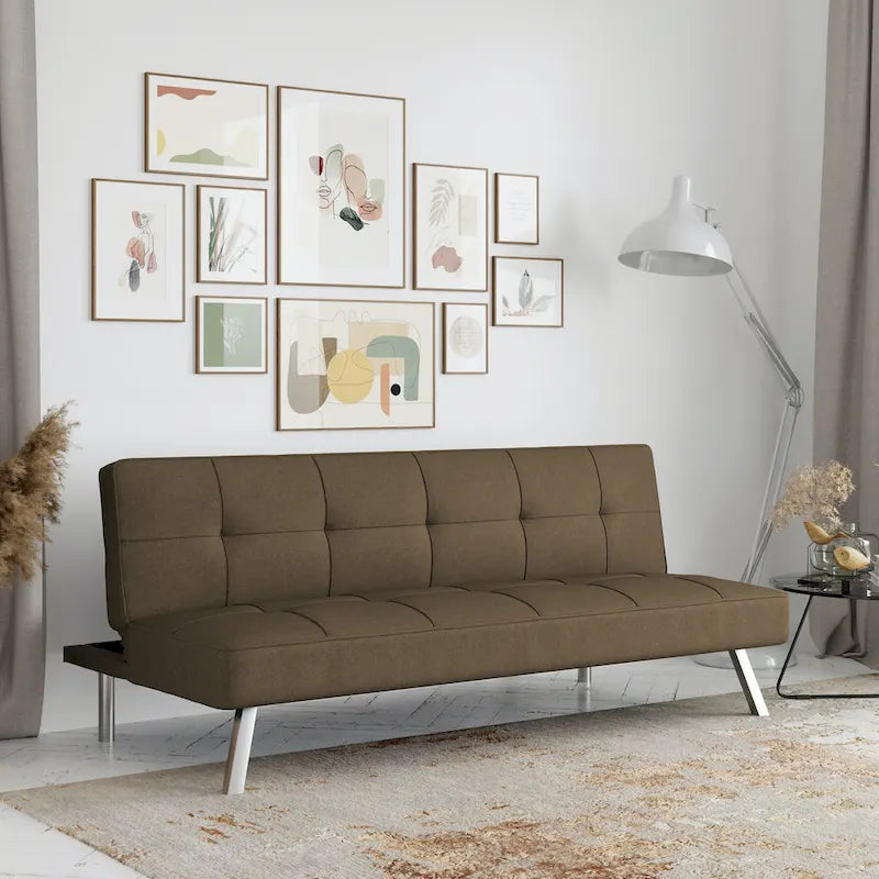 Canapé-lit convertible futon capitonné du milieu du siècle avec pieds chromés en tissu