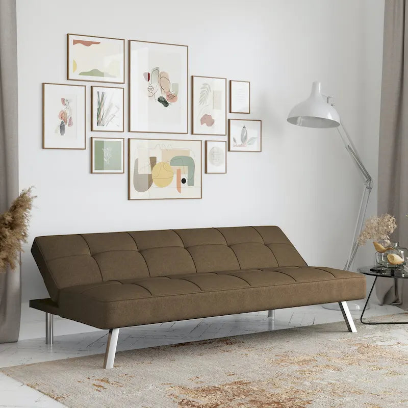 Canapé-lit convertible futon capitonné du milieu du siècle avec pieds chromés en tissu