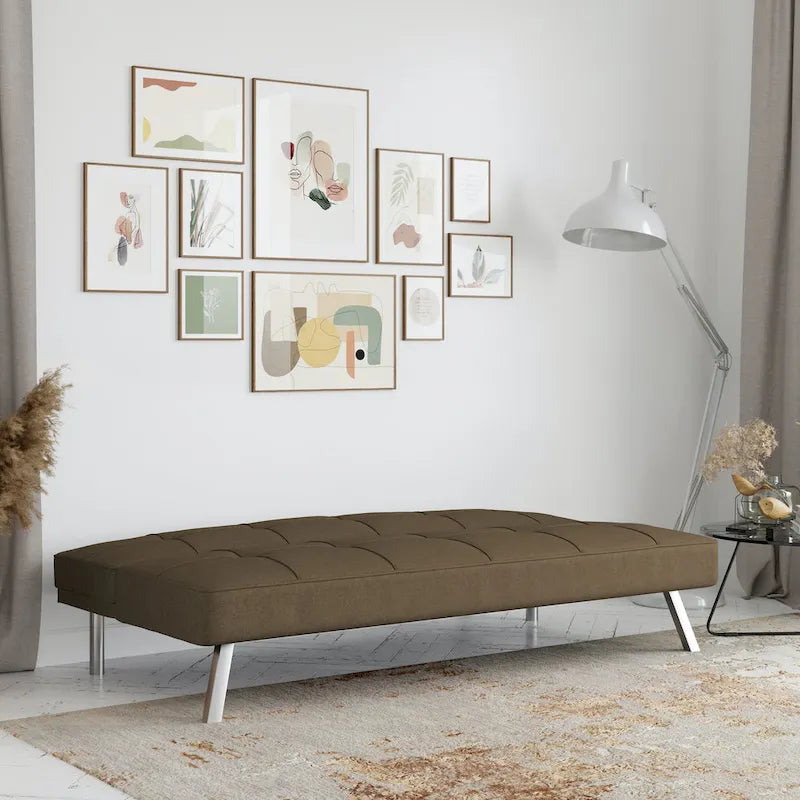 Canapé-lit convertible futon capitonné du milieu du siècle avec pieds chromés en tissu