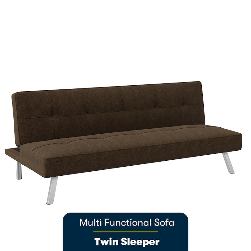 Canapé-lit convertible futon capitonné du milieu du siècle avec pieds chromés en tissu