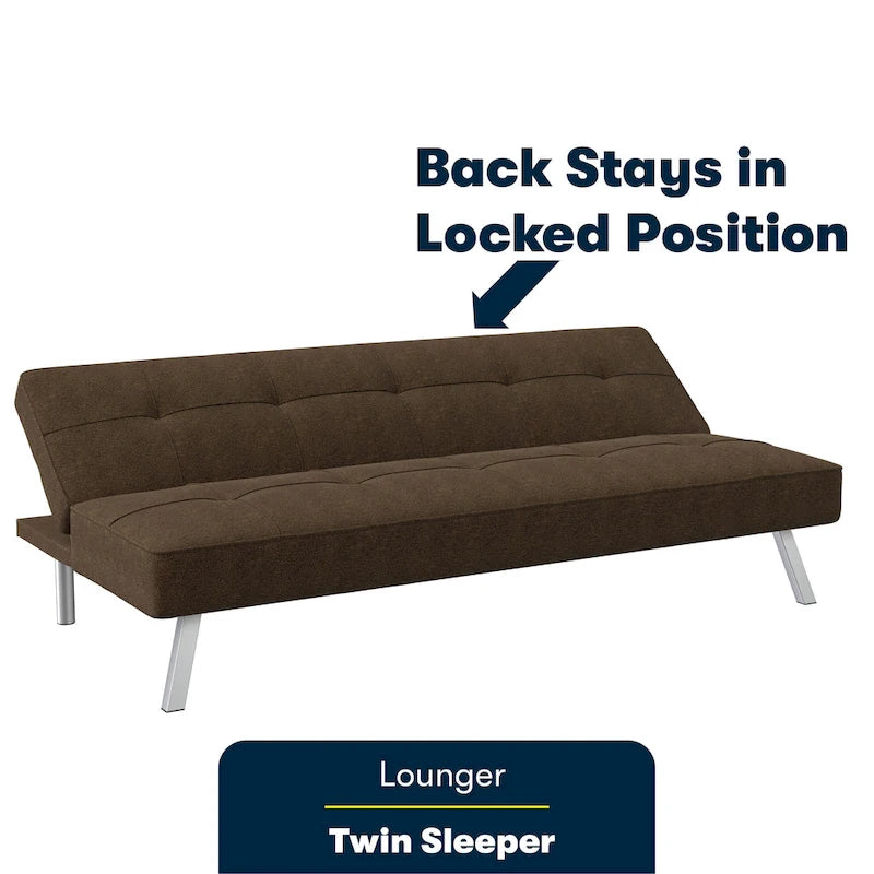 Canapé-lit convertible futon capitonné du milieu du siècle avec pieds chromés en tissu