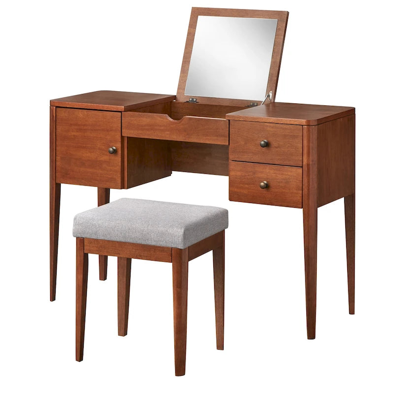 Coiffeuse de transition en chêne avec miroir rabattable, tiroirs et meuble de rangement