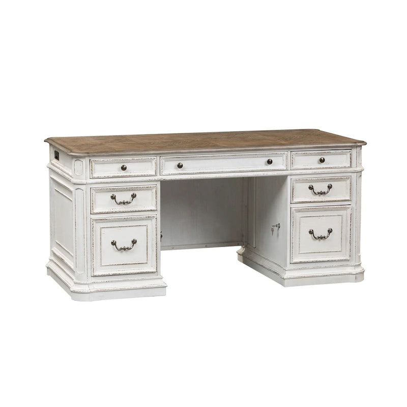 Bureau de direction antique blanc vieilli avec tiroirs et tablette coulissante pour clavier