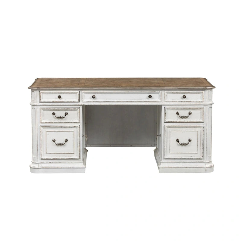 Bureau de direction antique blanc vieilli avec tiroirs et tablette coulissante pour clavier