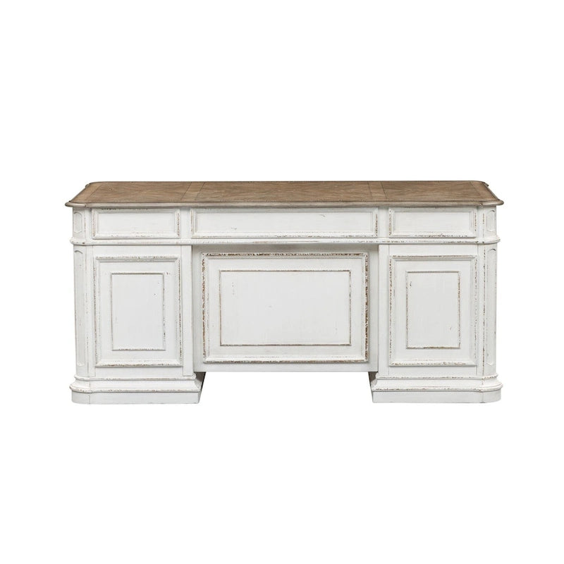 Bureau de direction antique blanc vieilli avec tiroirs et tablette coulissante pour clavier